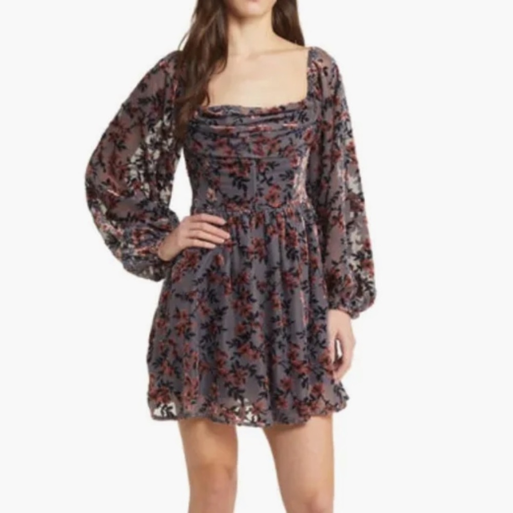 All in Favor Floral Long Sleeve Chiffon Jacquard Corset Dress
